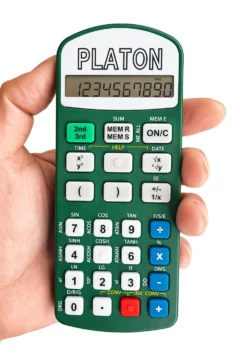 Green handheld scientific calculator being held in a hand, with a large display showing numbers and many white and colored buttons; brand PLATON is visible at the top.